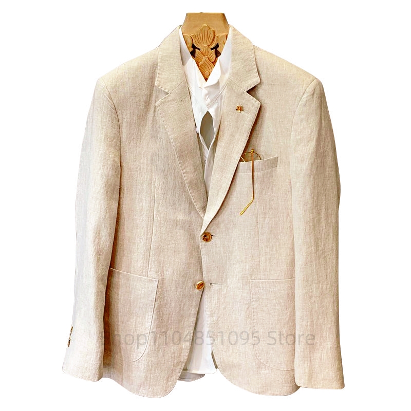 Men Formal Wear Design - Beige Men Suit Linen Blazers Jackets