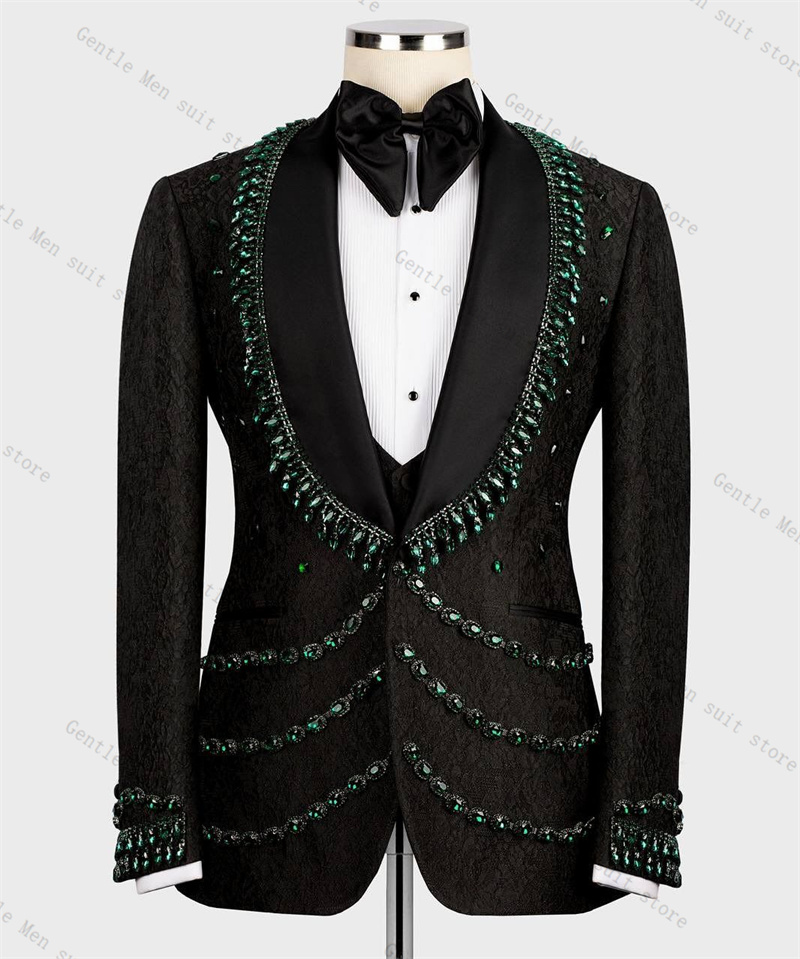 Formal Wear For Men Black Suit - Luxury Crystals Men Suit Set 2
