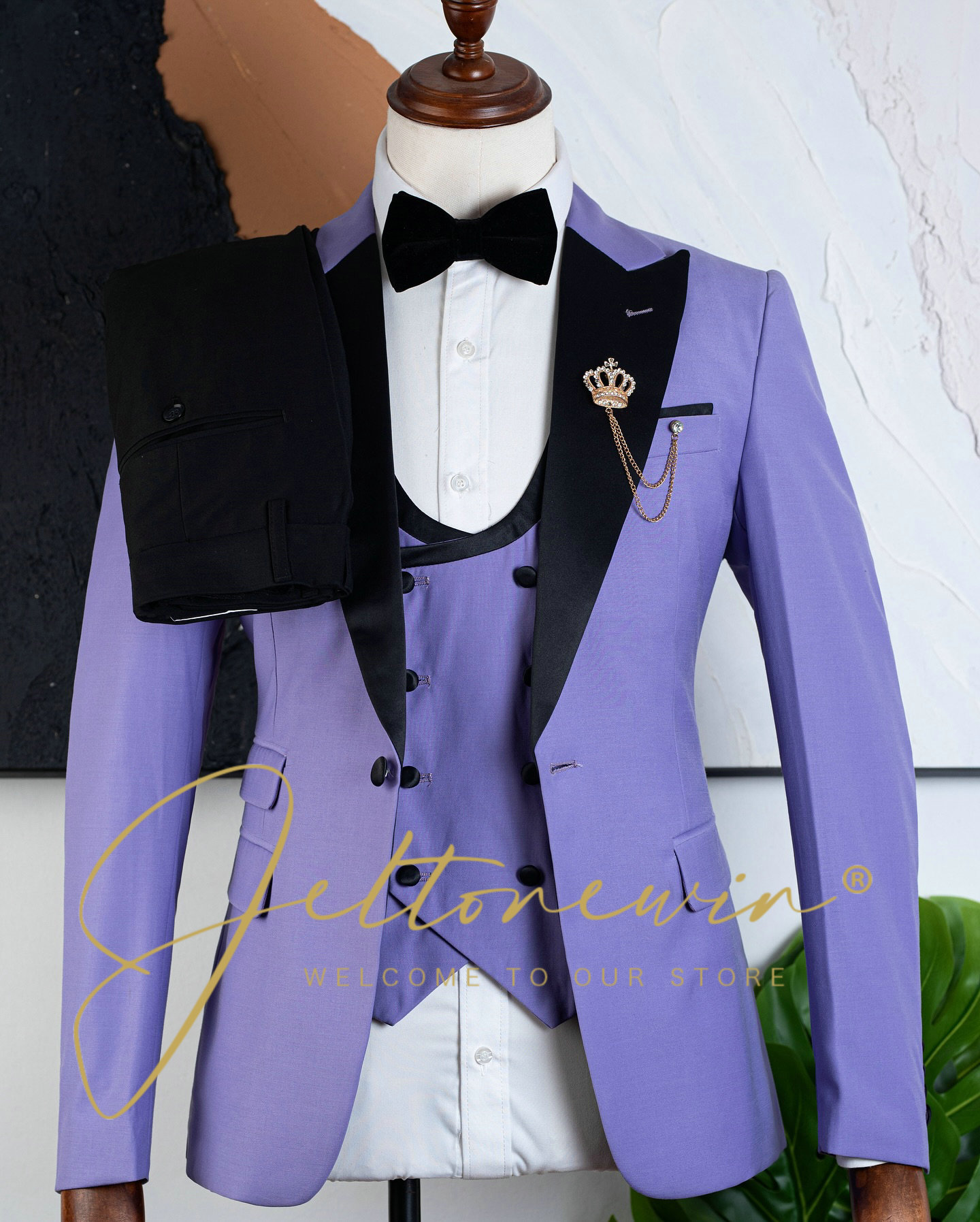 Men's Purple Three Piece Tuxed - Formal Wear For Men Black Suit 评论和价格