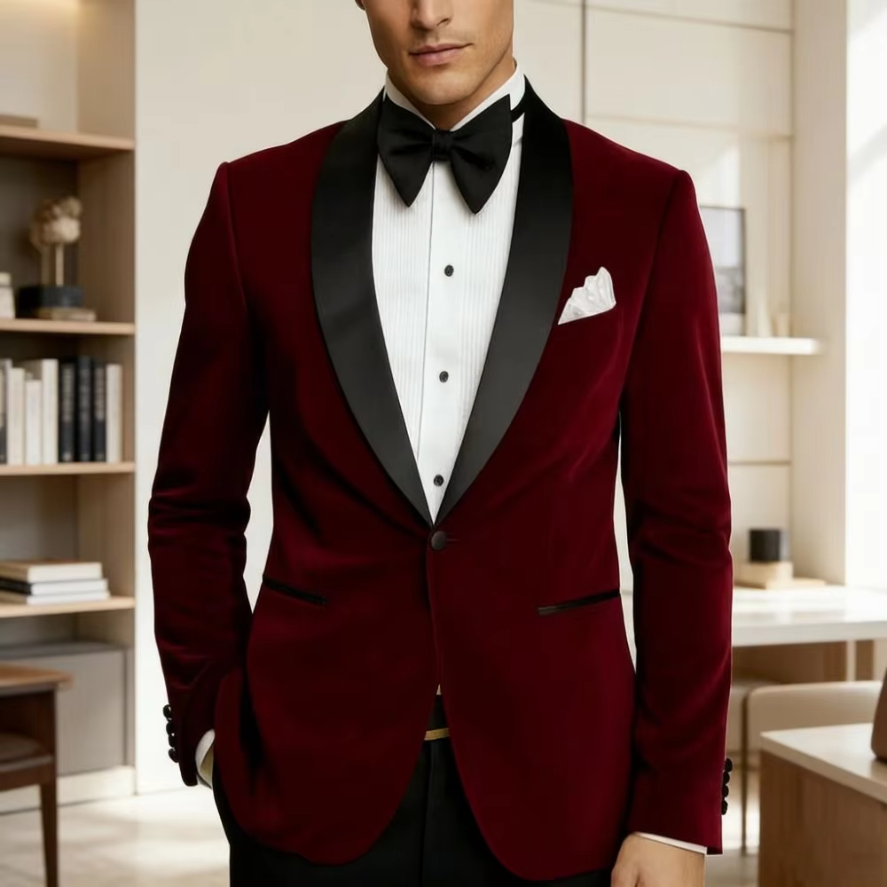 Men Velvet Blazer Slim Fit Sui - Formal Wear For Men Black Suit 评论和价格