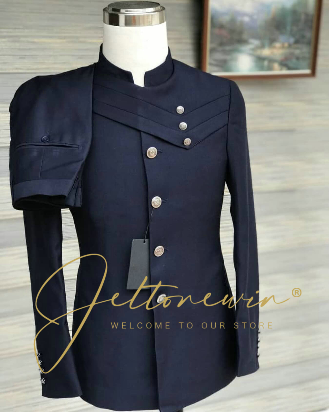 Men's Navy Blue Suit Set with  - Men Formal Wear Design 评论和价格