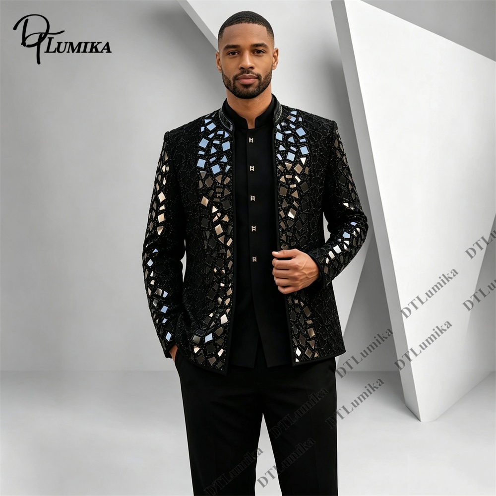 Men Black Mandarin Collar Suit - Formal Wear For Men Black Suit 评论和价格