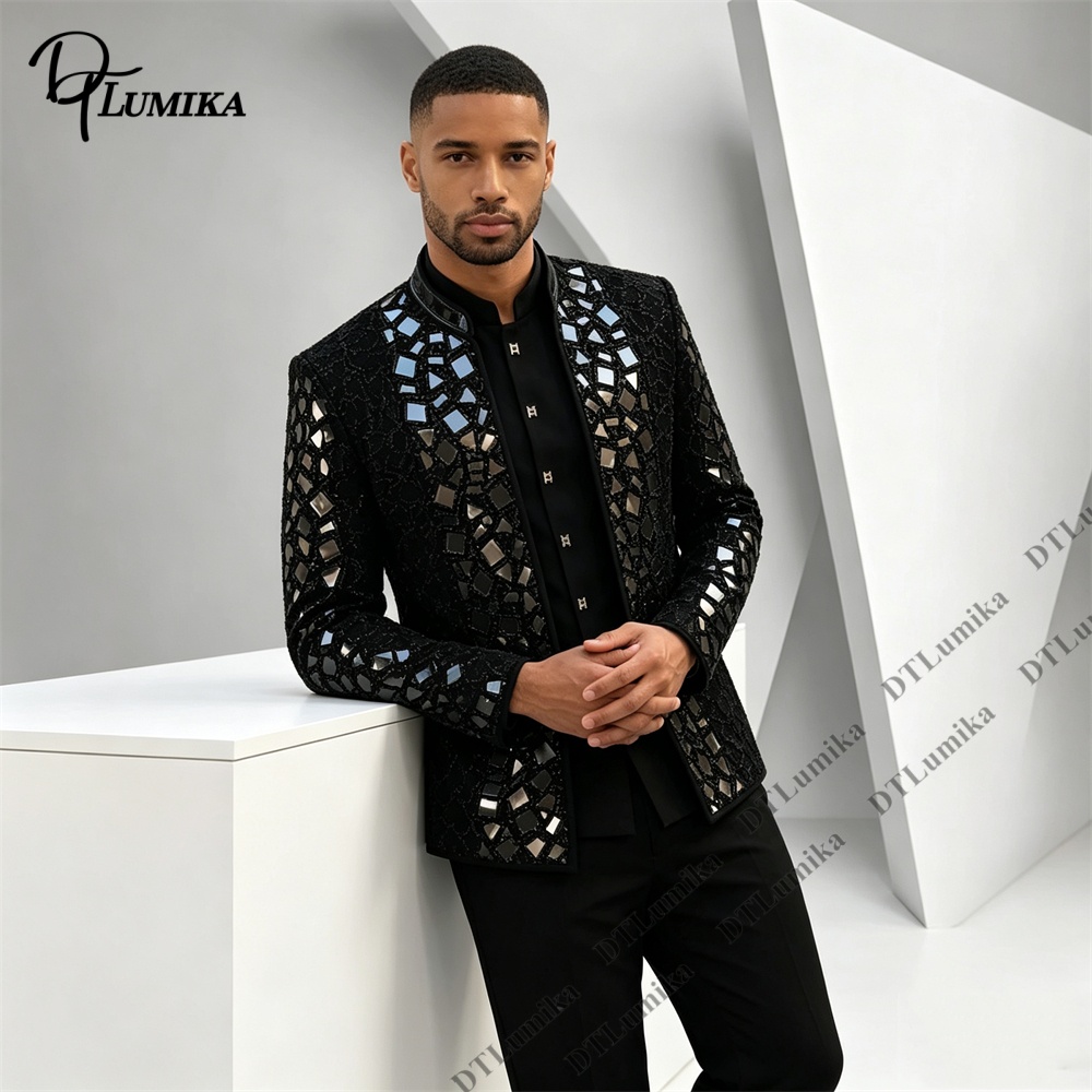 Men Black Mandarin Collar Suit - Formal Wear For Men Black Suit 评论和价格