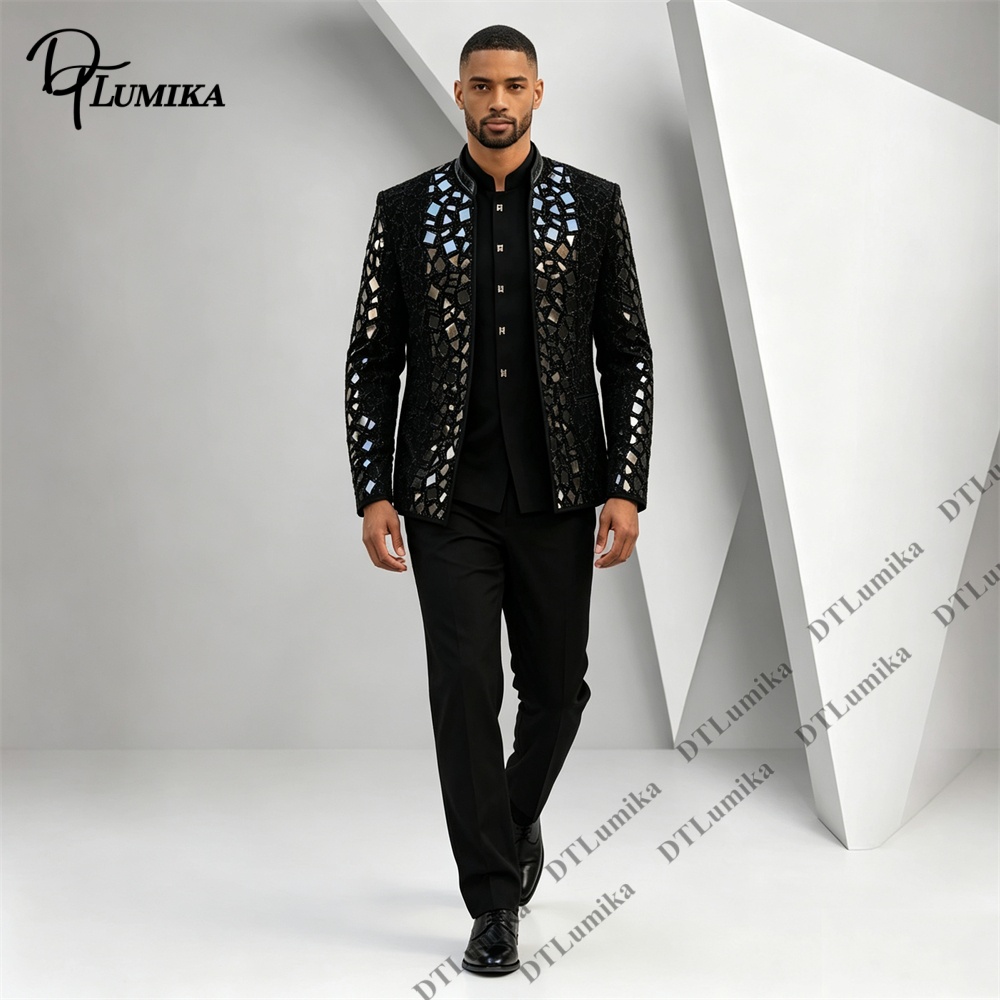 Men Black Mandarin Collar Suit - Formal Wear For Men Black Suit 评论和价格