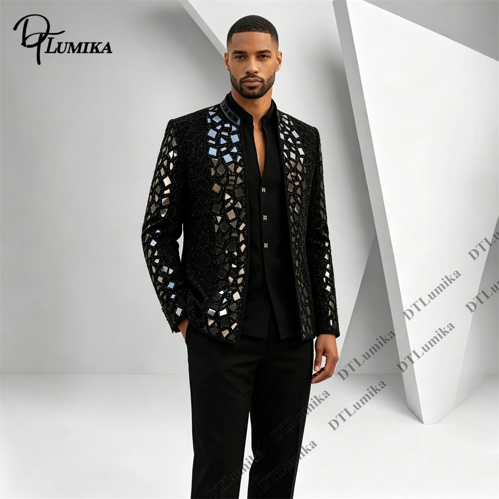 Men Black Mandarin Collar Suit - Formal Wear For Men Black Suit 评论和价格