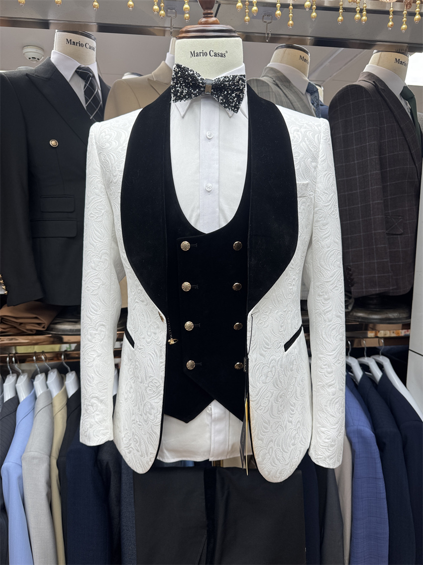 3 Pcs Floral Groom Tuxedo for  - Formal Wear For Men Black Suit 评论和价格