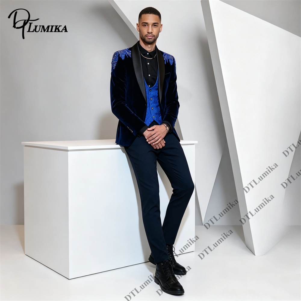Peagent Men 3 Piece Velvet Sui - Formal Wear For Men Black Suit 评论和价格