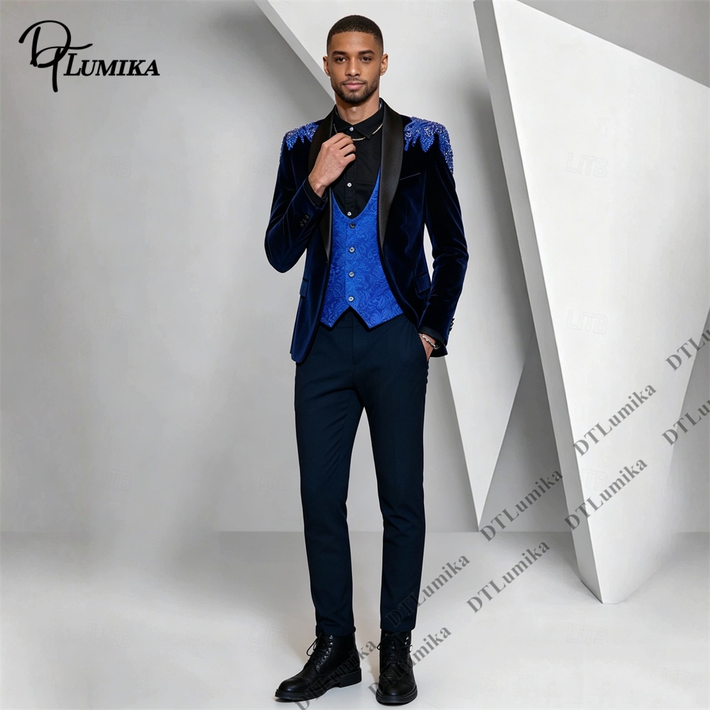 Peagent Men 3 Piece Velvet Sui - Formal Wear For Men Black Suit 评论和价格