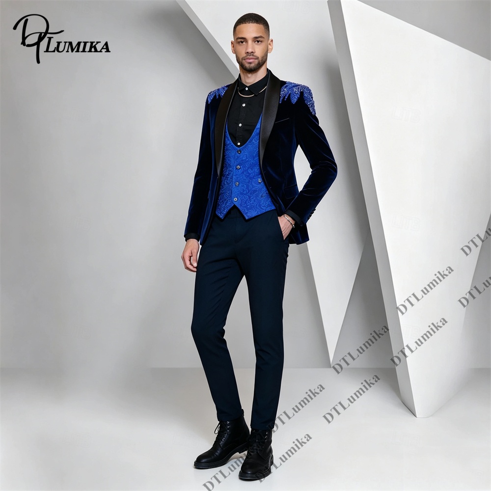 Peagent Men 3 Piece Velvet Sui - Formal Wear For Men Black Suit 评论和价格